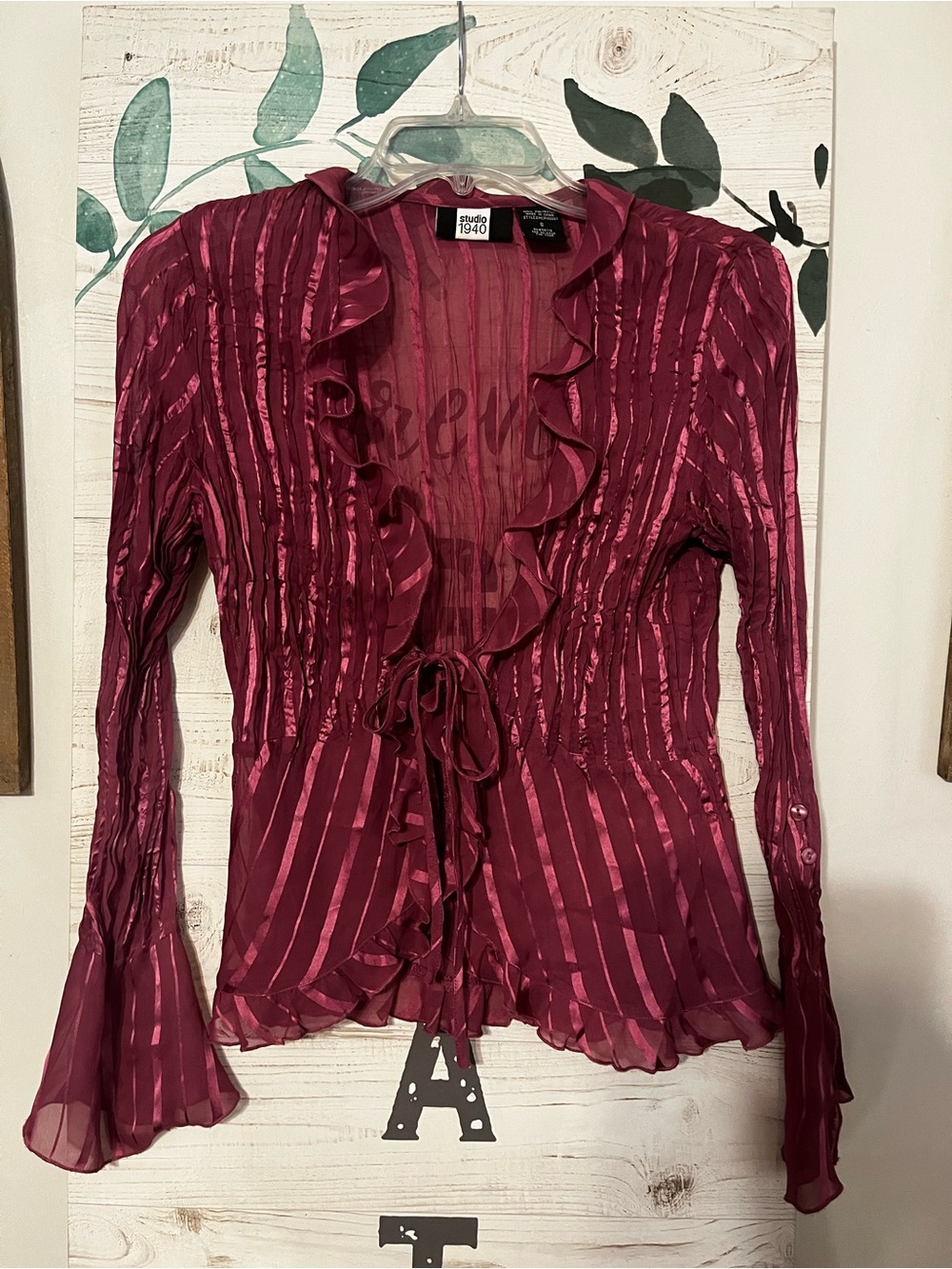 Studio 1940 Burgundy Sheer Ruffle Tie-Front Blouse